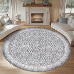 jinchan Round Rug 7ft Washable Circle Soft Rug - Low Pile Vintage 7'Round Indoor Grey Floral Print Stain Resistant Boho Carpet Ultra-Thin Non-Slip for Living Room Bedroom Dining Room Kitchen