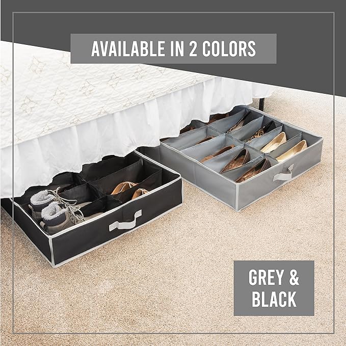 Under Bed Shoe Storage Organizer - TEAR-RESISTANT Heavy Duty 600D Material - Fits All Styles Men's and Women's Shoes, Up to 16 Pairs - Extra-Strong Zipper - Grey - Perfect for College Dorms