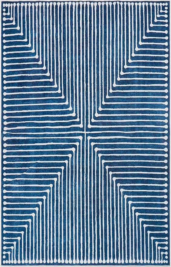 GLN Rugs Contemporary Collection - Machine Washable Area Rug, Contemporary Washable, Non Slip, Low Pile Chenille Rug, Living Room, Bedroom, Kitchen Rug (5' x 7' Lines Blue)