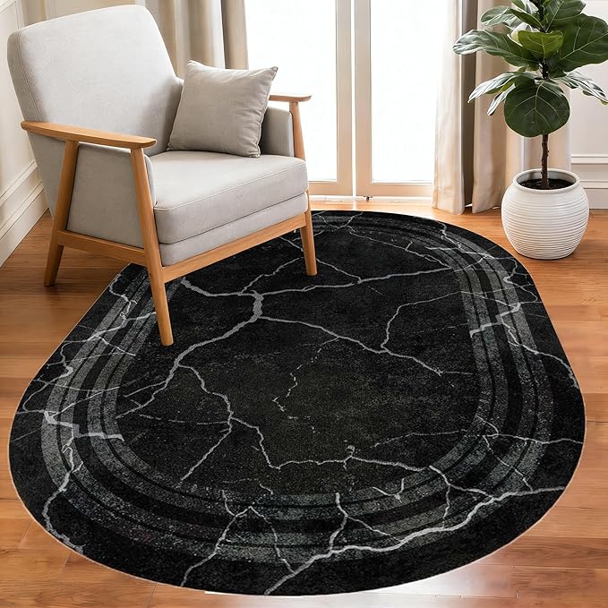 Black Grey Striped Texture Bordered Rugs 6x9 Modern Minimalist Indoor Large Area Rug for Living Room Bedroom Dining Room Soft Faux Wool Non Slip Floor Mats Entrance Bathroom Home Office Oval Carpet