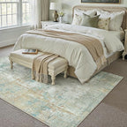9x12 Area Rug Teal Beige Abstract Living Room Bedroom Washable Carpet Neutral Modern Non-Slip Soft Low Pile Lightweight Vacuumable Large Throw Rug for Dining Room