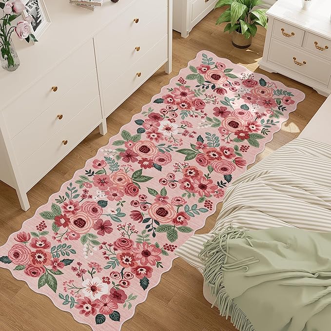 DUKINO 2.6x8 Runner Rug for Hallway, Washable Kitchen Rug with Non Slip Backing & Non-Shediing, Soft Low Pile Floral Design Runner for Bedroom, Kithchen, Living Room, Laundry, Bathroom, Pink