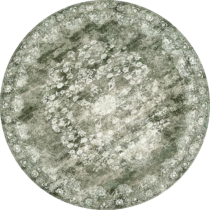 jinchan Round Rug 5ft Area Rug - Green Vintage Floor Mat Kitchen Indoor - Washable Circle 5' Thin Floral Print Carpet Retro Farmhouse Non Slip Dining Room Living Room Bedroom Office