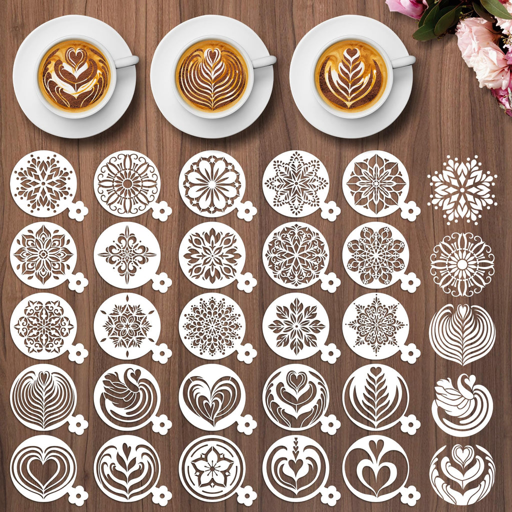 Sitsink Mandala Flower Coffee Stencils - 25 Pcs Stencils for Cookies Sourdough Bread Decor, Reuable Template for Crafts Floral Design