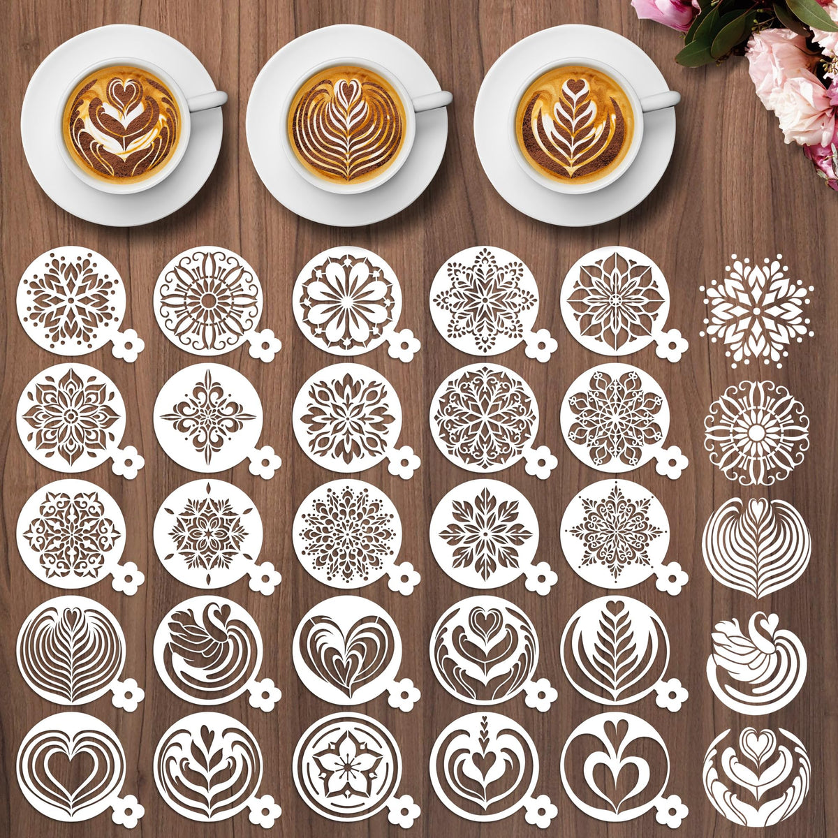 Sitsink Mandala Flower Coffee Stencils - 25 Pcs Stencils for Cookies Sourdough Bread Decor, Reuable Template for Crafts Floral Design