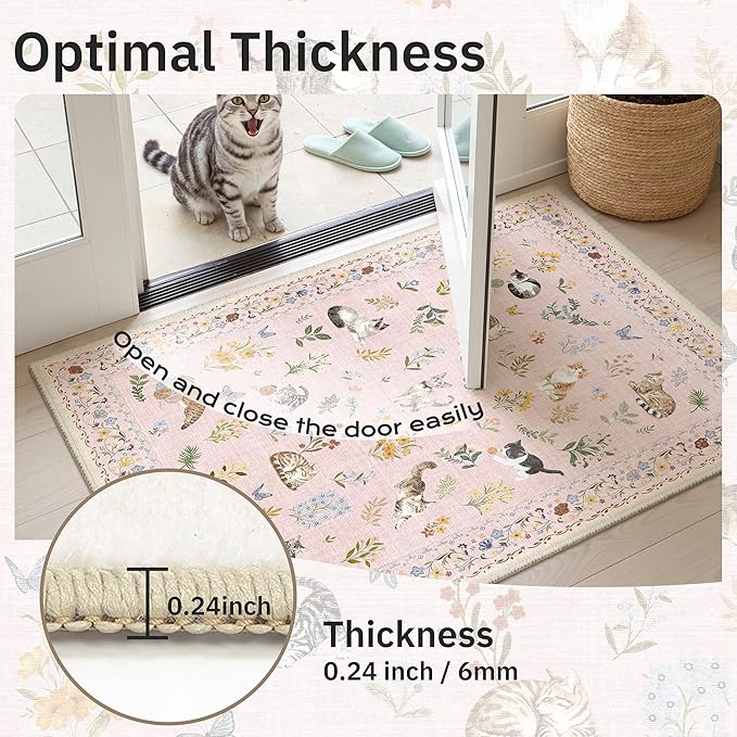 Soalmost Cat 9x12 Pink Area Rugs for Baby Girl Nursery, Washable Animal Floral Vintage Rug Non-Slip Low Pile Soft Throw Rugs for Living Room Dining Room Bedroom Playroom Classroom (9 x 12,Pink)
