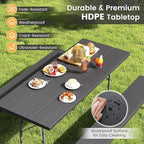 Giantex Folding Picnic Table - 6 FT Outdoor Table Bench Set for 8 Persons w/All-Weather HDPE Tabletop, Metal Leg, Umbrella Hole, Large Outside Dining Table for Patio Garden Yard Poolside (Black)