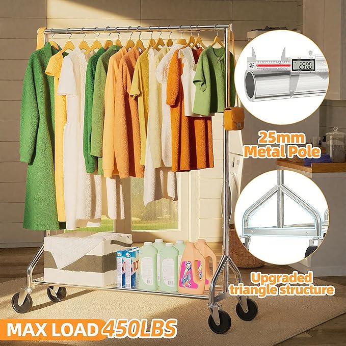 Ekisemio Heavy Duty Rolling Clothes Rack with Wheels and Shelves, 450 lbs Capacity, Portable Garment Rack for Hanging Clothes, Standing Wardrobe for Closet, Bedroom, Commercial Use, Chrome