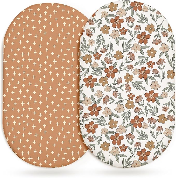 Bassinet Sheets for Baby Girls Boys 2 Pack, Fitted Baby Mattress Sheet for Rectangle, Oval, Hourglass Bassinet Mattress, Breathable Cozy & Universal Fit (Rusty Garden)