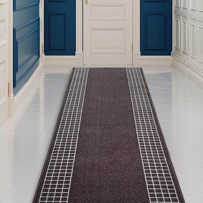 Custom Made Runner Rug for Kitchen Foyer Hallway Entry Choose Your Length 31 Inch Wide Geometric Checkered Design Brown Color (23 feet x 31 Inch)