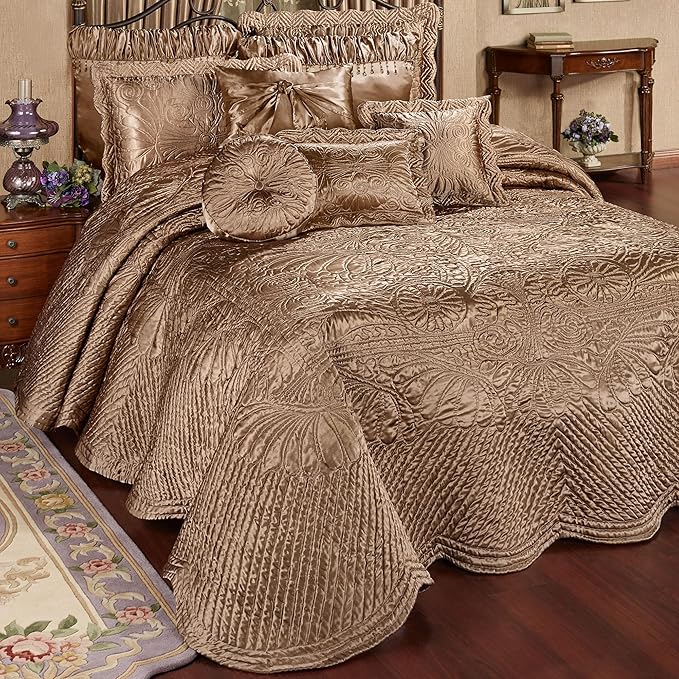 Touch of Class Portia Luxury Bedding | Rich Smoky Topaz | Premier Quilted Polyester Satin | Romantic Hand Guided Machine Quilted Scroll Design 3 Piece Set: King Oversized Bedspread & 2 King Shams