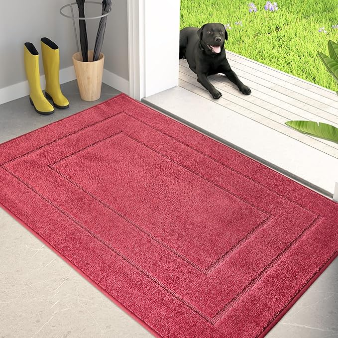 PURRUGS Dirt Trapping Door Mat 34" x 59", Non-Slip/Skid Machine Washable Entryway Area Rug, Dog Doormat, Super Absorbent Welcome Mat for Muddy Wet Shoes and Paws, Burgundy Red