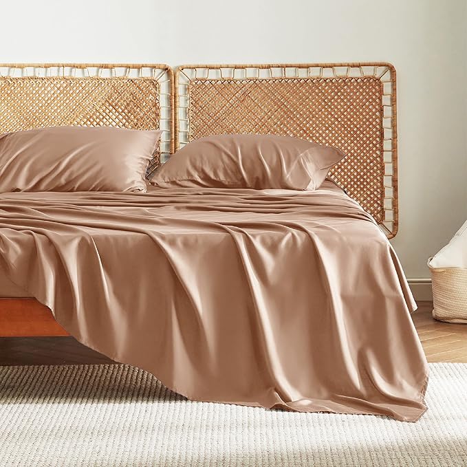 Bedsure Full Size Bed Sheets, Cooling Sheets, Rayon Derived from Bamboo, Breathable & Soft, Deep Pocket Up to 16 Inches, Hotel Luxury Silky Bedding for Hot Sleepers, Khaki