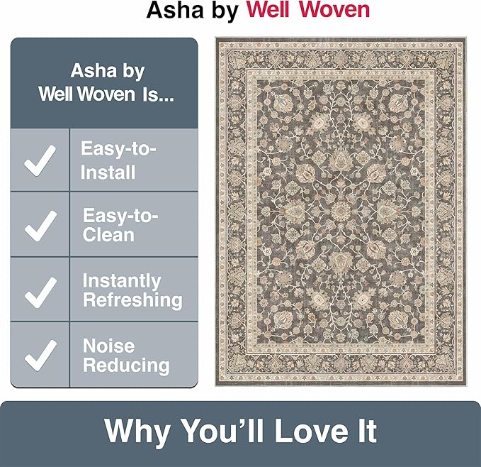 Well Woven Asha Rome Charcoal Brown 5'3" x 7'3" Area Rug - Oriental Floral Pattern, Easy Clean, Floor-Friendly Backing - for Living Room, Bedroom, and Dining Room