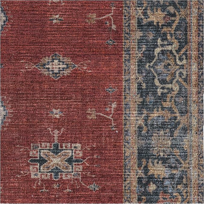 RUGGABLE Washable Vintage Area Rug – Verena Amber Red 8 ft Round, Stain-Resistant, Non-Slip – Large Machine Washable Rugs for Living Room, Bedroom, Hallway, Entryway & Office–with Standard Pad