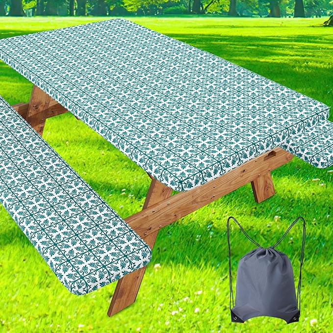 misaya Picnic Table Cover with Bench Cover, Waterproof Elastic Fitted Tablecloth for 5 Foot Tables, Rectangle Washable Polyester Tablecloths for Picnic, Camping, Outdoor (Turquoise, 30" x 60")