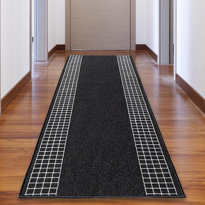 Custom Made Runner Rug for Kitchen Foyer Hallway Entry Choose Your Length 26 Inch Wide Geometric Checkered Design Black Color (17 feet x 26 inch)