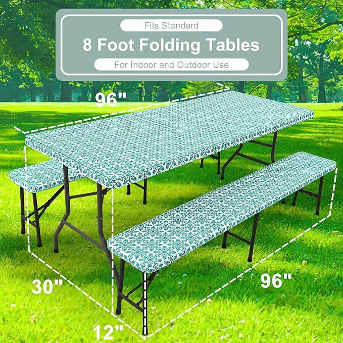 misaya Picnic Table Cover with Bench Cover, Waterproof Elastic Fitted Tablecloth for 8 Foot Tables, Rectangle Washable Polyester Tablecloths for Picnic, Camping, Outdoor (Teal, 30" x 96")