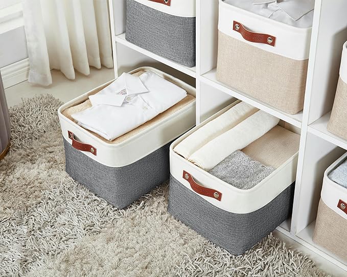 DECOMOMO Storage Bins, Large Fabric Storage Baskets for Shelves, Decorative Linen Closet Organizer, 15 x 11 x 9.5 inches (Slate Grey & White, 4 Pack)