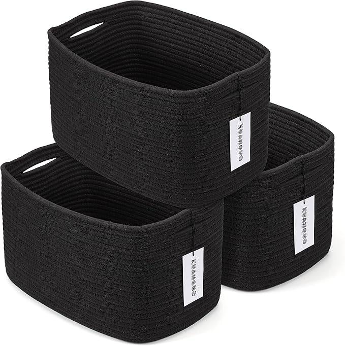 Cotton Rope storage Basket Bins 15X10X9.3“ Woven Basket for Organizing Shelves Rectangle Decorative Baskets For storage Clothes Toys Books Towels Square Wicker Nursery basket organizer 3 pack black