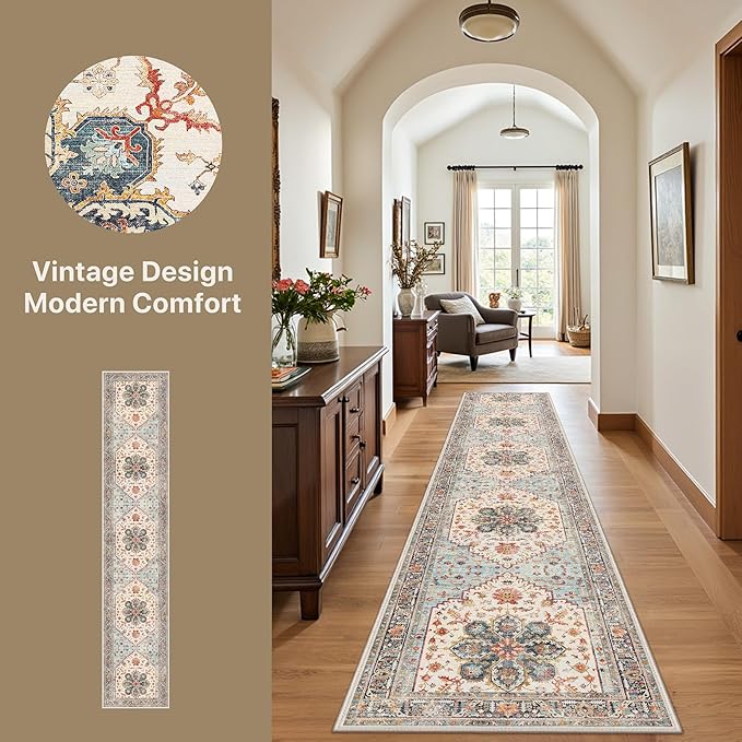 GENIMO 2X10 Runner Rugs for Entryway,Machine Washable Vintage Floor Cover Foldable Modern Non Slip Rug, Low Pile Soft Carpet Floral Print Mat for Indoor Entryway/Bathroom/Kitchen/Carpet,Sky Blue