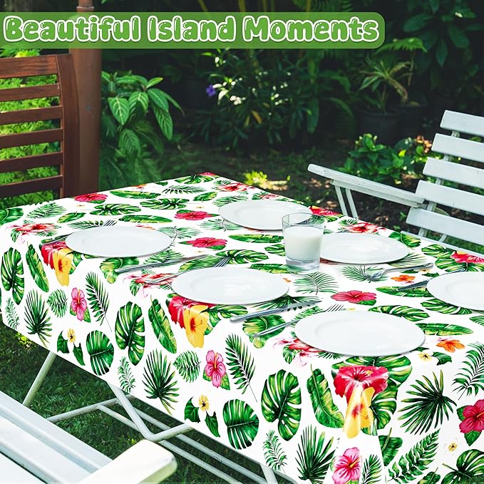 QZYL 4Pcs Luau Party Decorations, 108" X 54" Floral Leaf Tablecloth, Disposable Plastic Luau Party Decorations, Rectangle Tropical Palm Tablecover for Hawaiian Theme Decor Tropical Summer Beach Pool