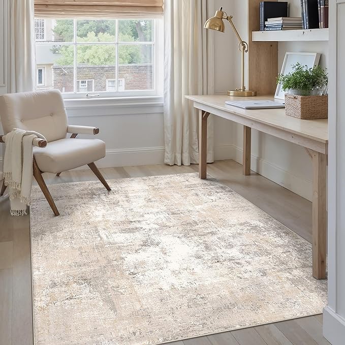 4x5 Washable Area Rug Beige Grey Abstract Entryway Office Throw Rug Neutral Modern Non Slip Soft Low Pile Indoor Carpet for Living Room Bedroom Kitchen Entrance