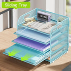 Cawukege 5 Tier Paper Organizer with Handle, Blue Metal Mesh Desk Organizer File Folder Paper Letter Tray Desktop Document Sorter for Classroom, School, Office Accessories Organization and Storage