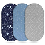 Baby Bassinet Sheets Girl Boy, Fitted Bassinet Sheet Set 3 Pack Bassinet Mattress Sheets Universal Fit for Rectangle, Round, Oval, Hourglass Mattress, Soft Breathable Blue Gray Planet