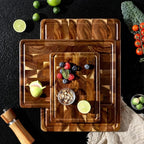 End Grain Cutting Board Set of 3 with Non-slip Feet, Reversible Acacia Wood Cutting Boards for Kitchen with Juice Grooves and Handles Non Toxic Chopping Board Butcher Block Serving Tray Kitchen Sets