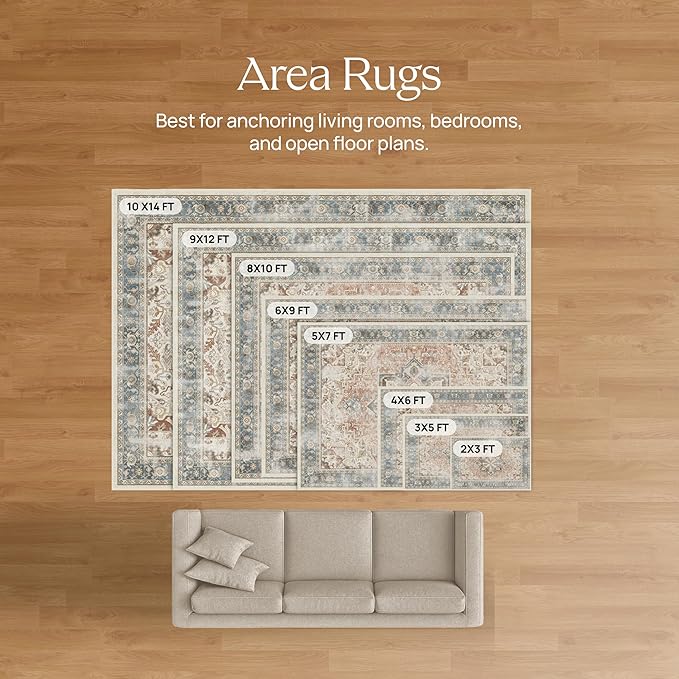 RUGGABLE Washable Vintage Area Rug – Verena Soft Blue 8x10, Stain-Resistant, Non-Slip – Large Machine Washable Rugs for Living Room, Bedroom, Hallway, Entryway & Office–with Standard Pad