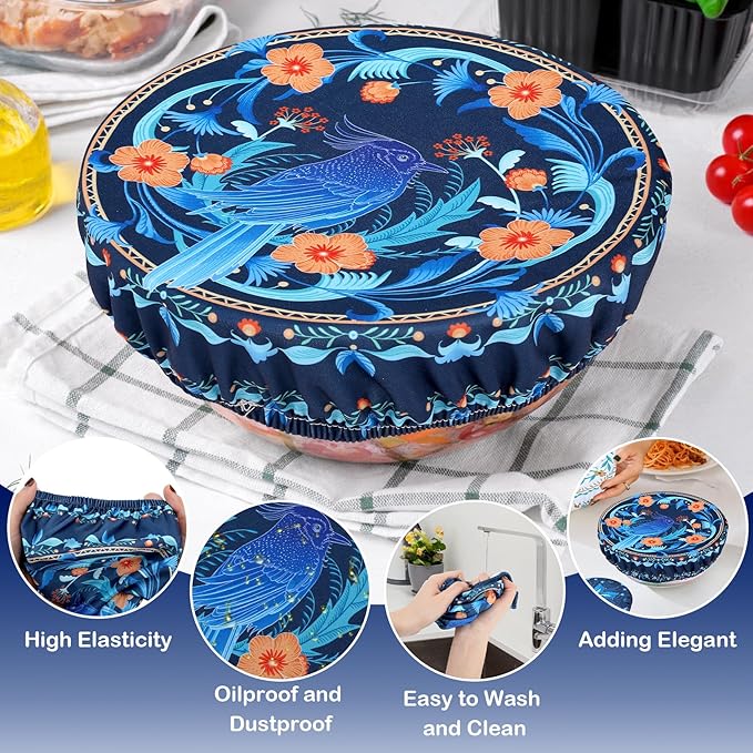 5 Pieces Bowl Covers Reusable, 5 Size Elastic Cloth Bowl Covers for Bread Proofing Food Covers Washable for Food Fruits Leftover (Blue Bird)