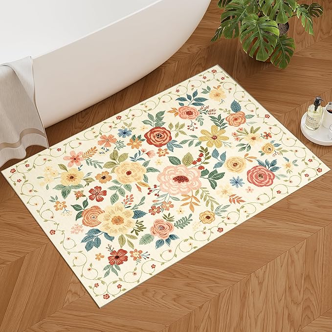 DUKINO 2x3 Rugs for Entryway, Floral Indoor Washable Door Mat, Non Slip Boho Small Rug for Kitchen, Soft Low Pile Front Door Throw Rug for Entrance, Bedroom, Kitchen, Laundry, Bathroom, Beige Yellow