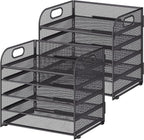 Cawukege 2 Pack 5 Tier Paper Organizer, Letter Tray with Handle, Mesh Desk Organizer, Metal File Organizer, Office Desk Accessories for Home, Office, Classroom, School -Grey