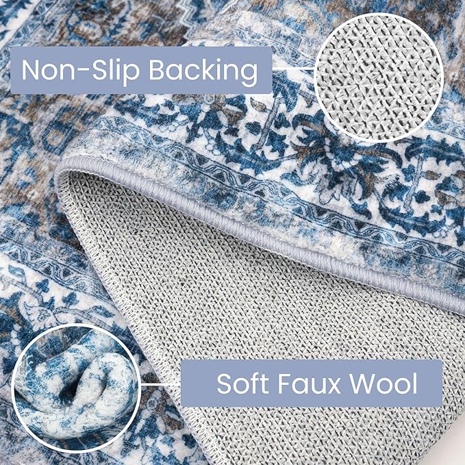 KOZYFLY Runners for Hallways 2.6x8 Ft Washable Kitchen Runner Rug Boho Runner Rug for Entryway Indoor Blue Printed Oriental Faux Wool Floor Carpet Runner for Bedroom Kitchen Hall