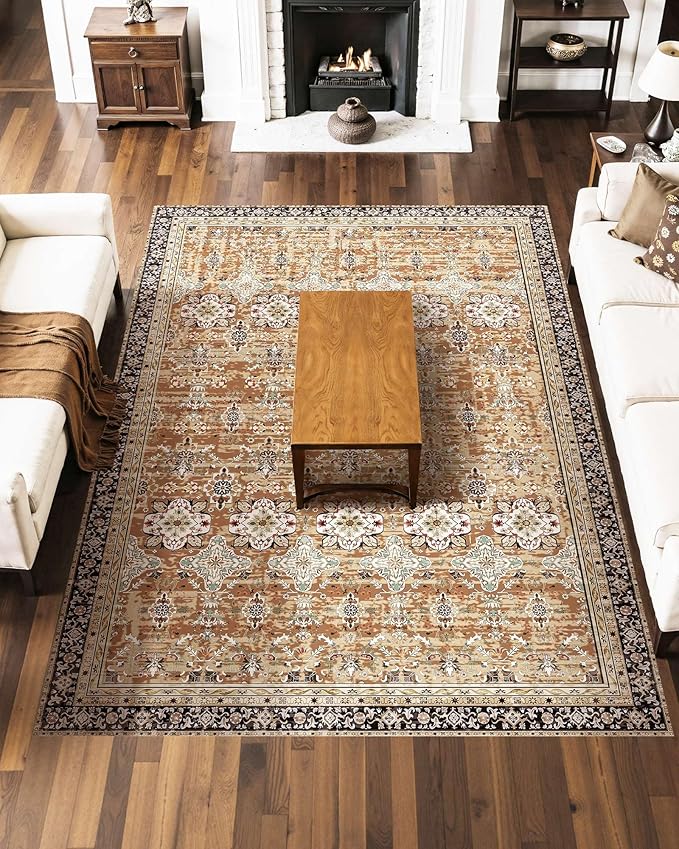 VEVOR 7.5 x 9.5 ft Area Rug Large Washable Rug Non-Slip and Tear-Resistant Soft Carpet Pet & Child Friendly Vintage Area Rugs Indoor Mat for Bedroom Living Room Office Entryway Brown Green
