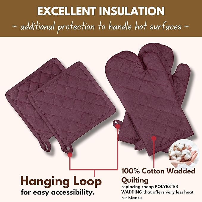 Native Fab 4 Piece Set - 2 Oven Mitts & 2 Potholders, Heat Resistant, 100% Cotton, Quilted Design, Non-Slip Grip, Machine Washable, Ideal for Baking, Cooking, BBQ, Kitchen Protection - Burgundy Wine