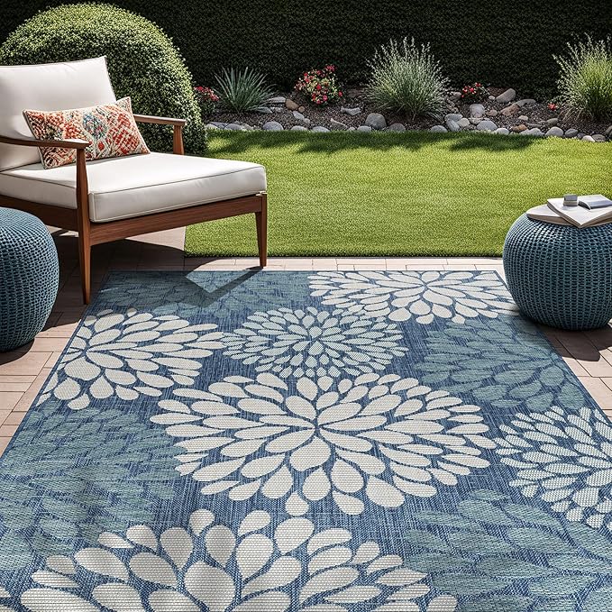 Beverly Rug Outdoor Rug 10x14 Modern Exotic Tropical Leaf Area Rugs for Indoor and Outdoor Patio Deck Porch Garden Water Resistant Washable Outside Carpet (10 x 14 Blue)