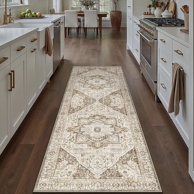 Brown Hallway Runner Rug 2x7 Vintage Washable Distressed Area Carpet Kitchen Indoor Non Slip Long Traditional Medallion Retro Accent Throw Rug for Bedroom Laundry Office Dining Living Room
