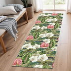 Runner Rug 2x10ft Non-Slip - Tropical Floral Watercolor Boho with Orchids & Leaves - Washable Entryway Carpet for Hallway, Bedroom, Dining Room - Green Pink Design