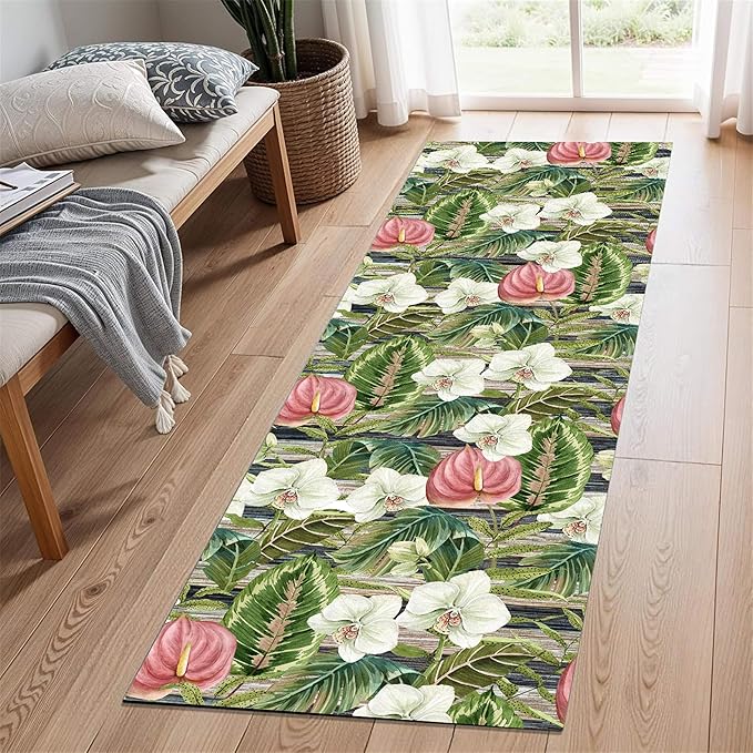 Runner Rug 2x10ft Non-Slip - Tropical Floral Watercolor Boho with Orchids & Leaves - Washable Entryway Carpet for Hallway, Bedroom, Dining Room - Green Pink Design