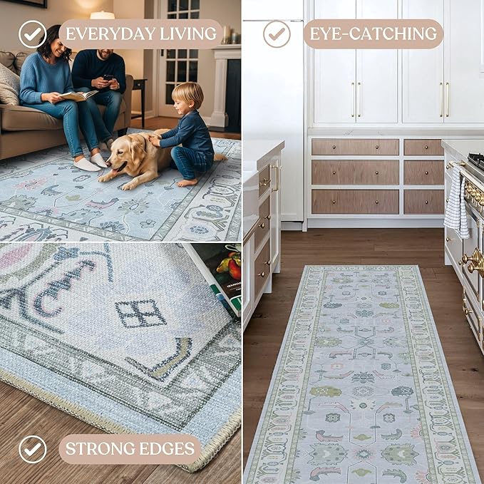 Fame Living Cream Blue Oushak Rug, Modern, Vintage, Turkish, Eclectic, Floral, Pastel, Washable, Area Rugs for Living Room, Dining, Bedroom, Office, Entryway, Foyer, Playroom, Nursery, 5'x6'9"