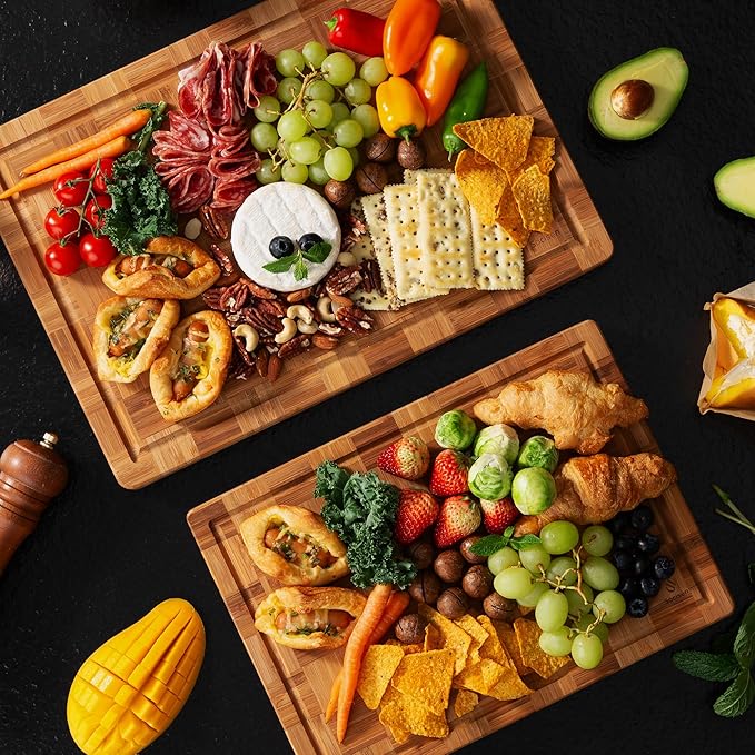 2 Pack Heavy Duty Bamboo Cutting Board Set Non Slip Over Sink Solid End Grain Thick Wood Chopping Board Extra Large Big Small Best Organic Hardwood Wooden Kitchen Essential New Home Housewarming Gift