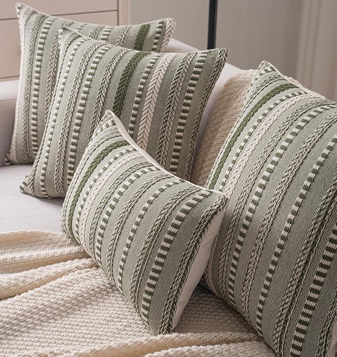 Boho Throw Pillow Covers 18x18 Inch Set of 2, Farmhouse Decorative Couch Pillow Cases, Green Accent Pillows of Bed, Sofa Bedroom Living Room Home Decor Cushion Cover