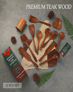 12-Piece Natural Teak Wood Utensil Set with Holder & Rest - Nonstick Cooking Spoons, Spurtles, Heat Resistant Tools