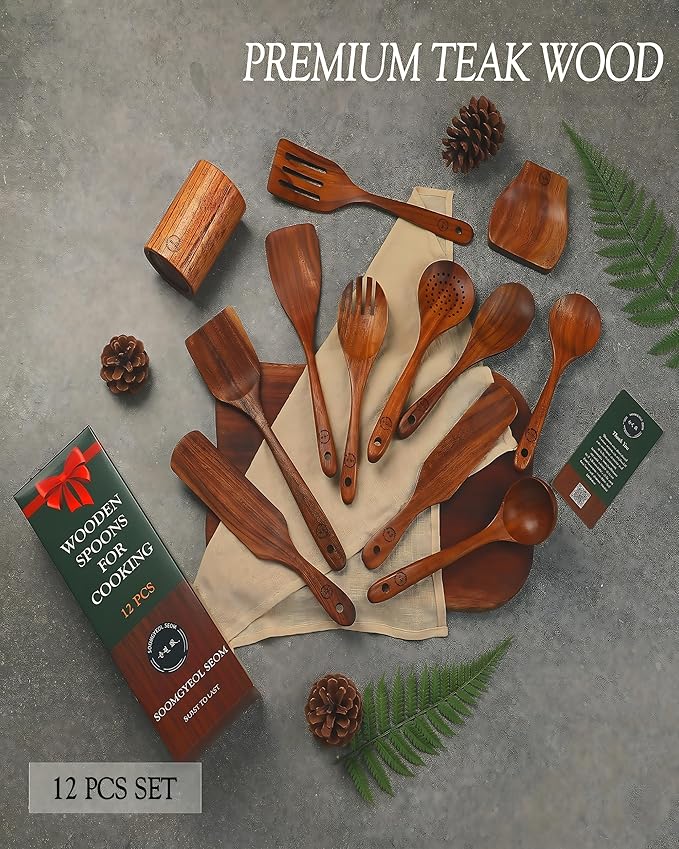 12-Piece Natural Teak Wood Utensil Set with Holder & Rest - Nonstick Cooking Spoons, Spurtles, Heat Resistant Tools