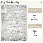 Soalmost 5x8 Area Rugs Blue Ivory Low Pile Indoor Washable Trendy Faded Style Rugs for Bedroom Living Room Dining Room Foldable Non-Slip Thin Print Home Office Mat