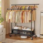 Clothes Rack Clothing Racks for Hanging Clothes, Rolling Clothes Rack Portable Clothing Rack, Double rod clothing rack with Storage Basket, Garment rack for Bedroom, Laundry Room, Black