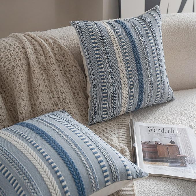 Boho Throw Pillow Covers 20x20 Inch Set of 2, Farmhouse Decorative Couch Pillow Cases, Blue Accent Pillows of Bed, Sofa Bedroom Living Room Home Decor Cushion Cover