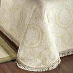 Timeless Vintage Style Bedding with Fringe Edges | Neutral Sage and Ecru | Textured Matelasse Rose Medallions and Leaves | 5-Pc Lightweight Bed Set: Oversized Full Bedspread & 4 Standard Pillow Shams